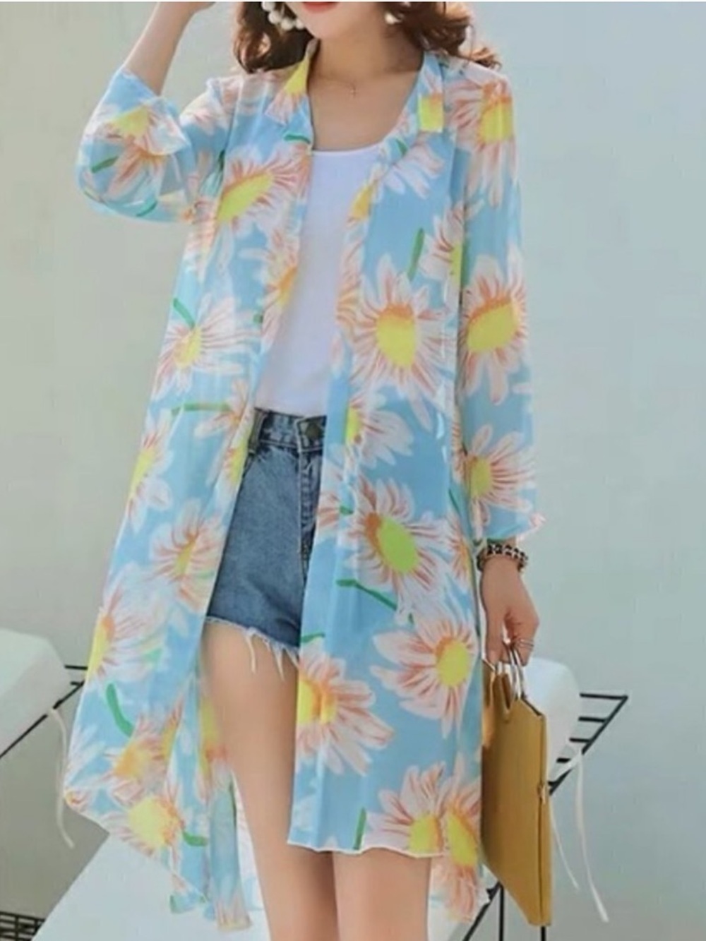 NEW Boho Beachy Slouchy blue yellow floral open front sheer long cardigan duster